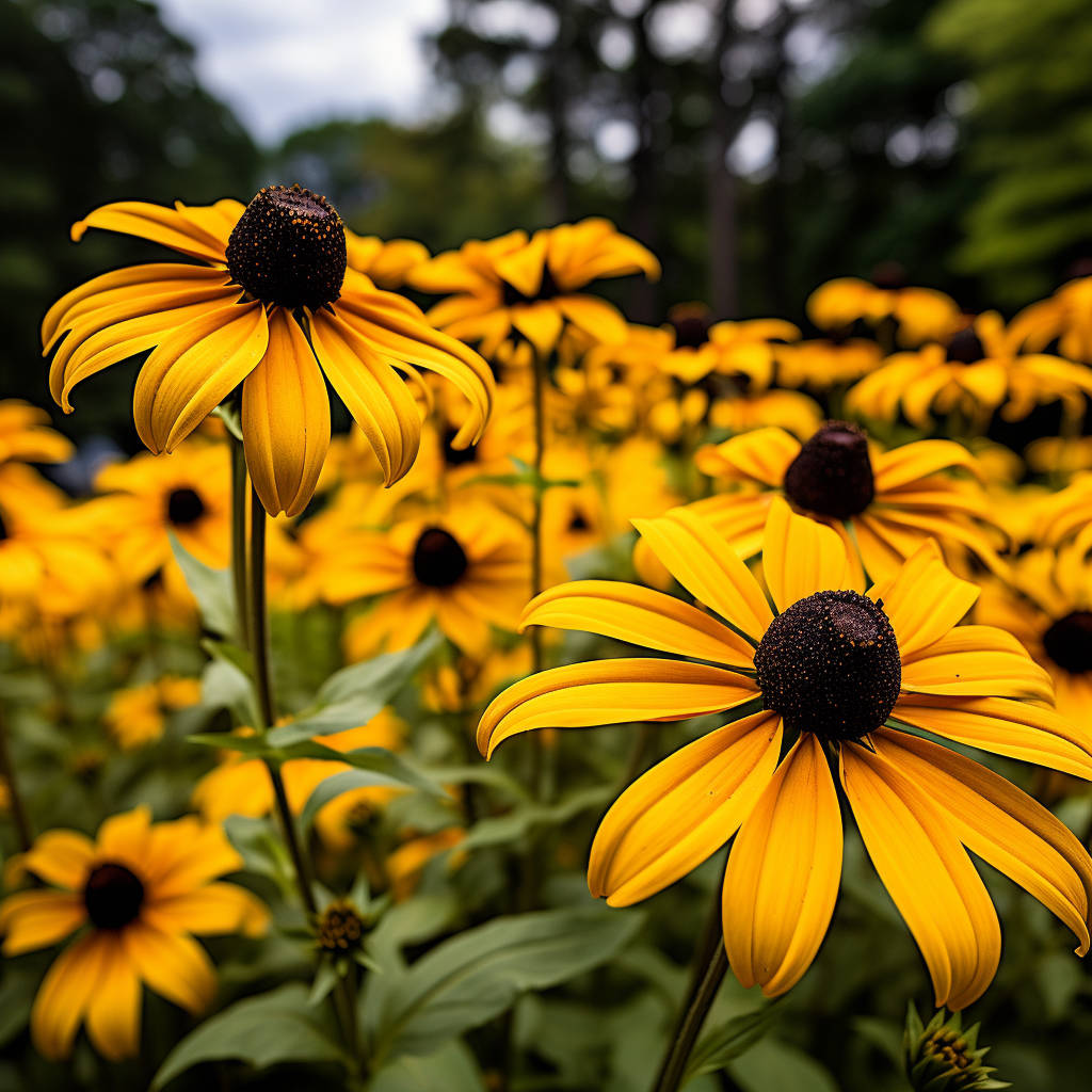 A close-up view of bright yellow flowers with dark brown centers, Pansies, surrounded by a field of similar flowers, set against a backdrop of greenery and trees.