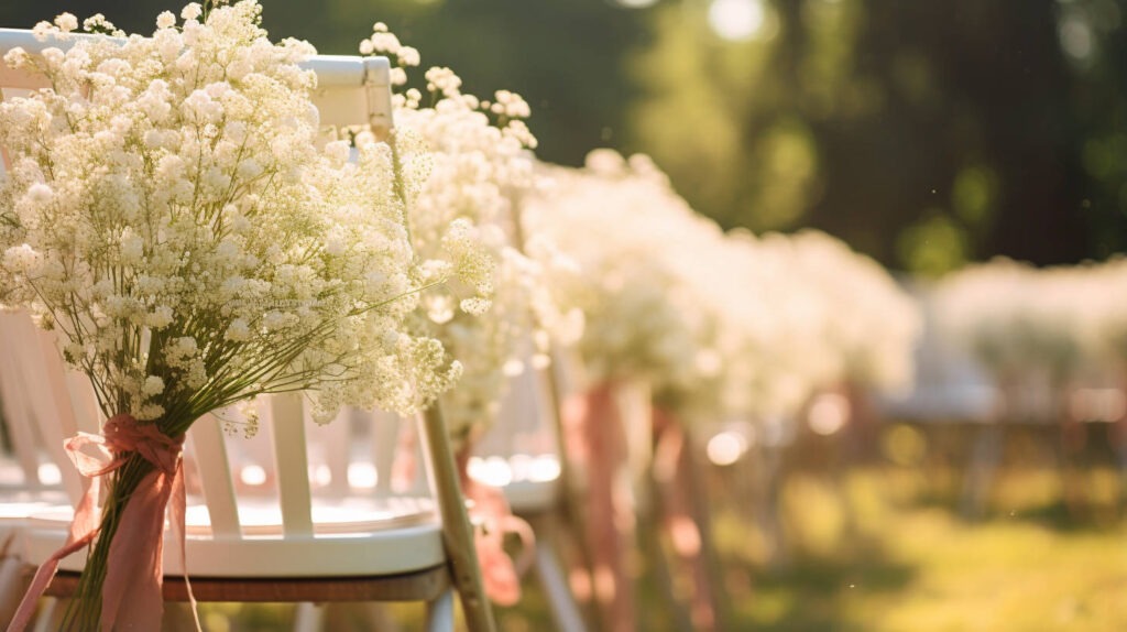 An outdoor setting with white chairs and flowers prepared for a wedding. Growing Baby's Breath Flowers