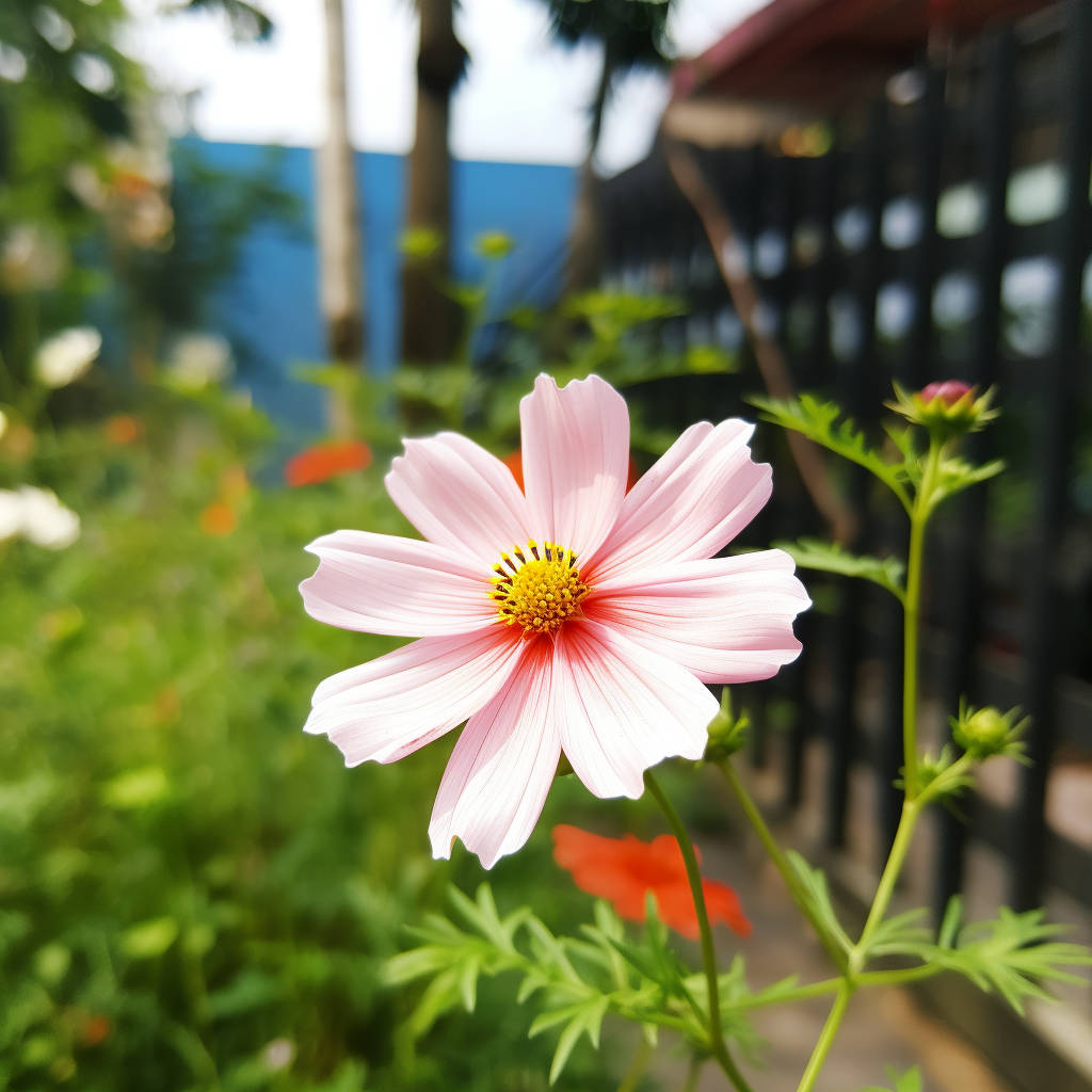 A close-up of a vibrant pink cosmos flower with a yellow center, surrounded by green foliage, with a blurred background featuring a fence and blue sky.