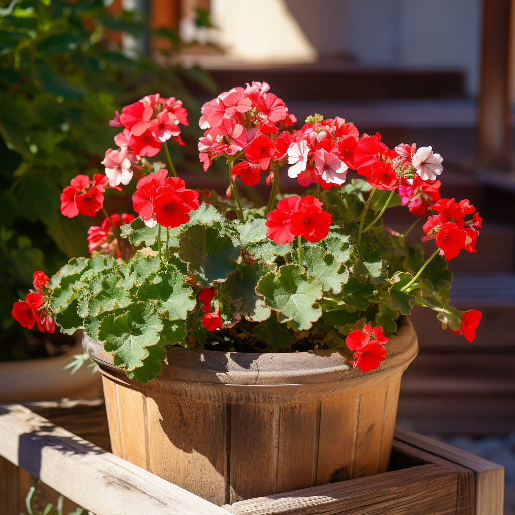 A vibrant display of red and pink geranium flowers, with lush green leaves, planted in a rustic wooden pot that's placed on a wooden deck, illuminated by natural sunlight.