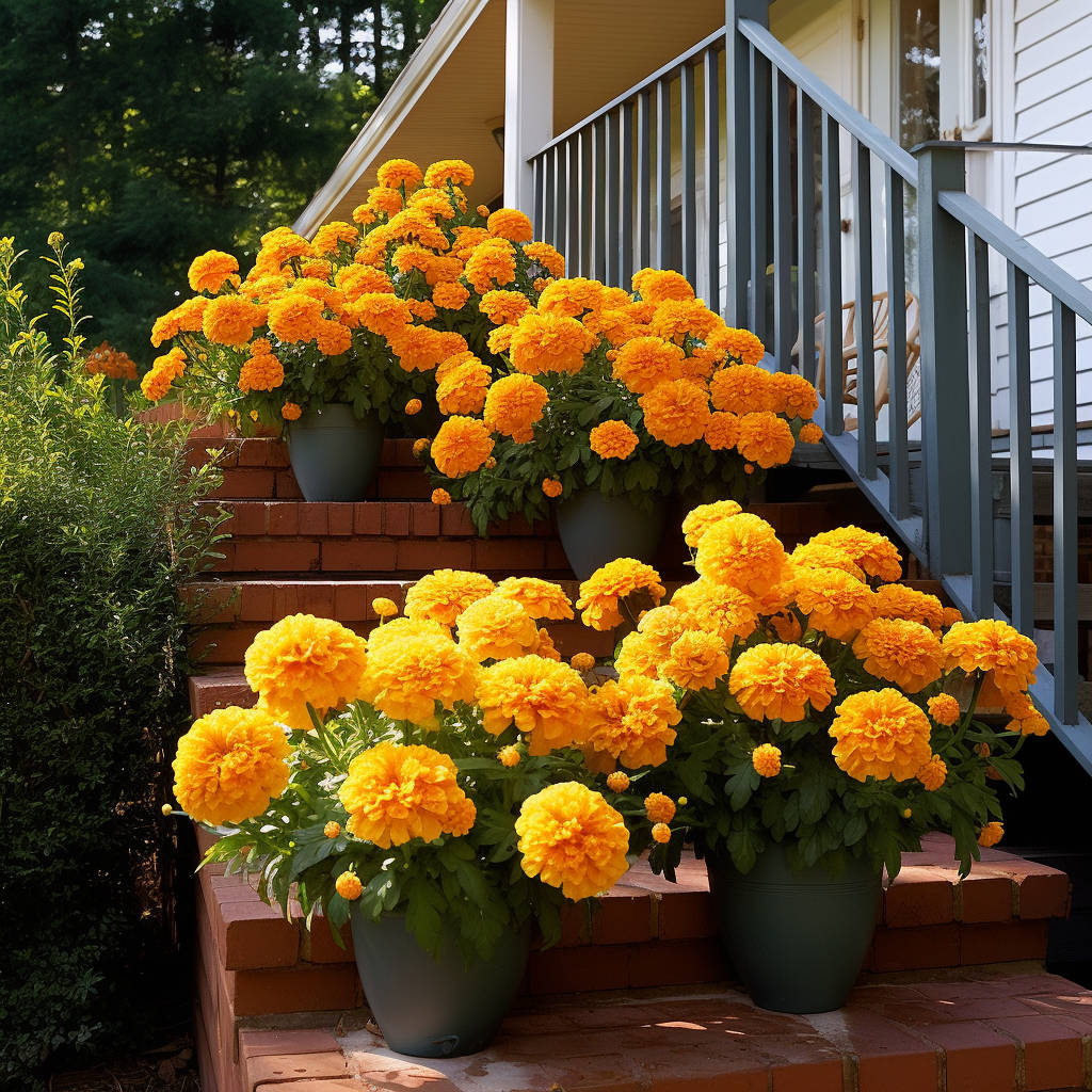 A vibrant display of bright yellow, easy to grow, marigold flowers in green pots, adorning the brick steps leading up to a house with a white exterior and grey stairs railing, surrounded by lush greenery under the clear sky. 