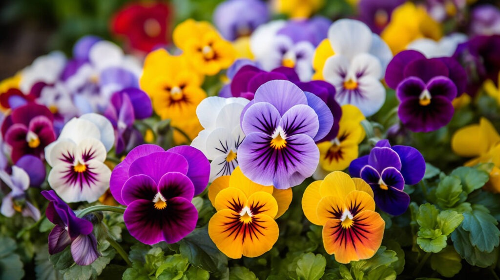 A colorful display of pansy flowers with various patterns and green leaves