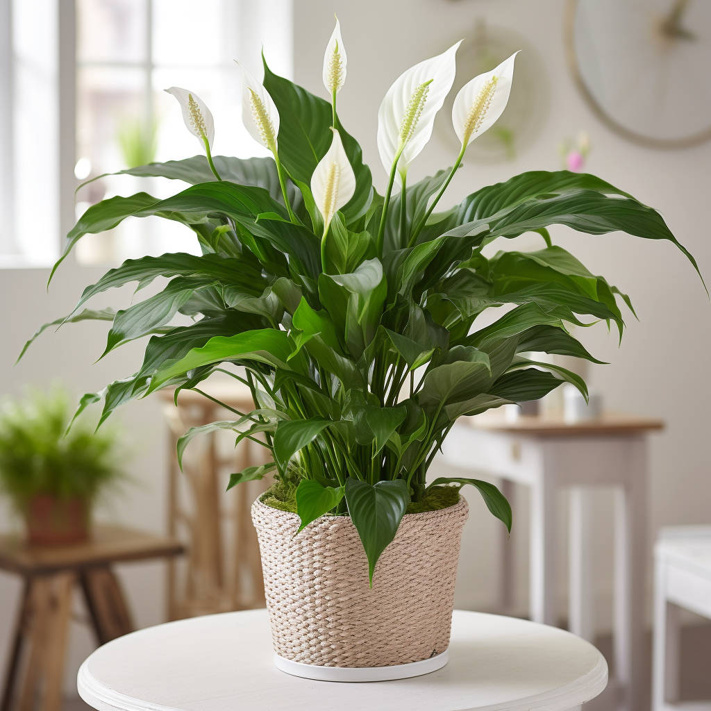 A white peace lily plant in a wicker basket placed on a table in a bright room. Houseplants for low light conditions