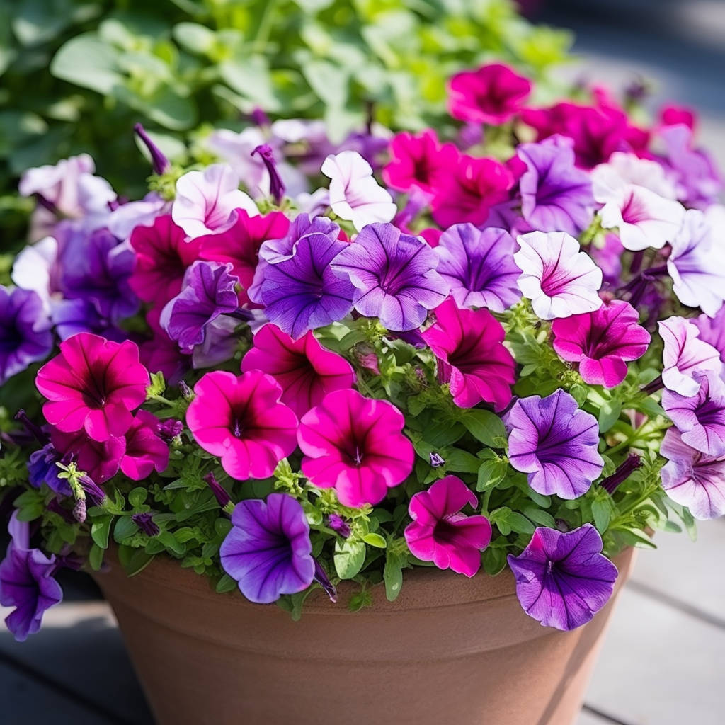 A vibrant display of petunias with varying shades of purple and pink blossoms, overflowing from a terracotta pot, illuminated by natural light.