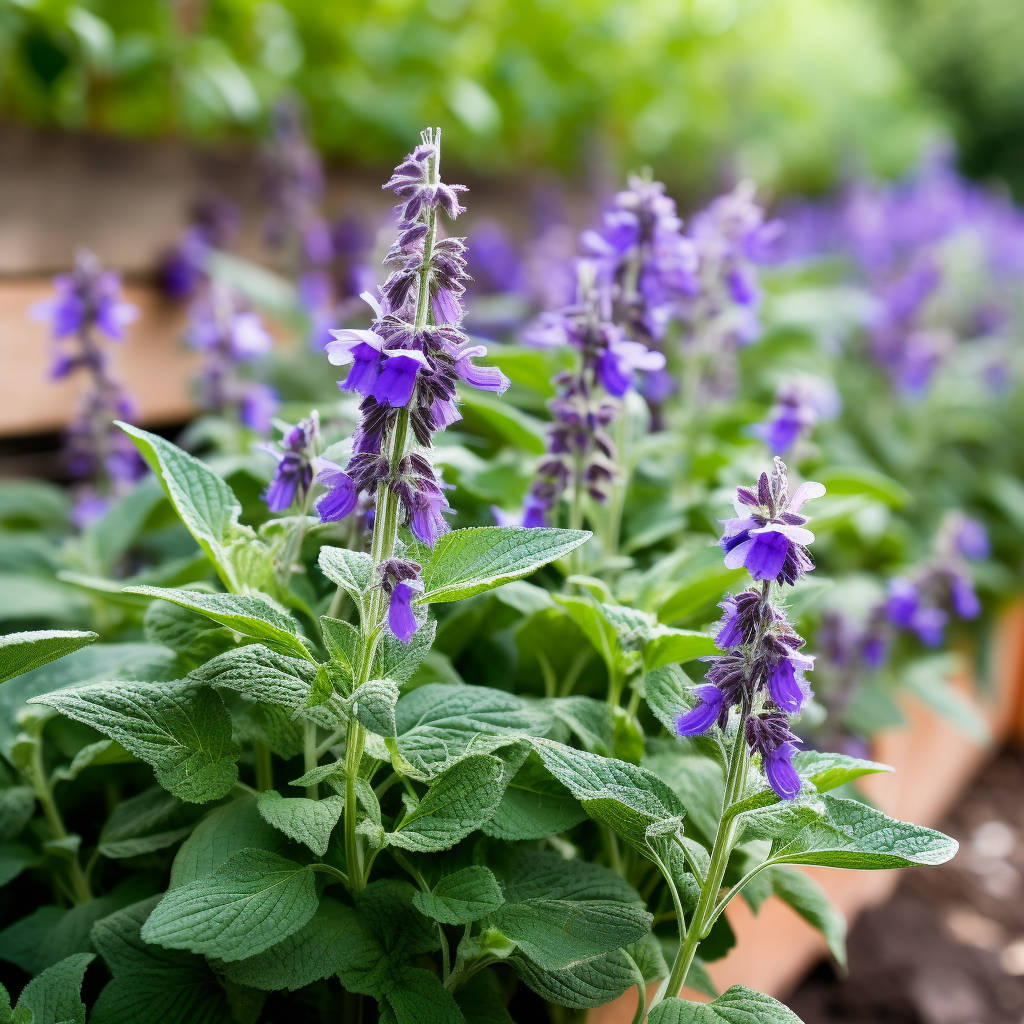 A close-up view of vibrant purple Salvia flowers blooming amidst lush green leaves in a garden setting.