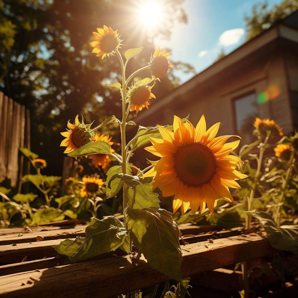 A vibrant sunflower, illuminated by the golden rays of the sun, stands tall amidst other sunflowers in a garden beside a wooden structure, evoking a warm and serene atmosphere.