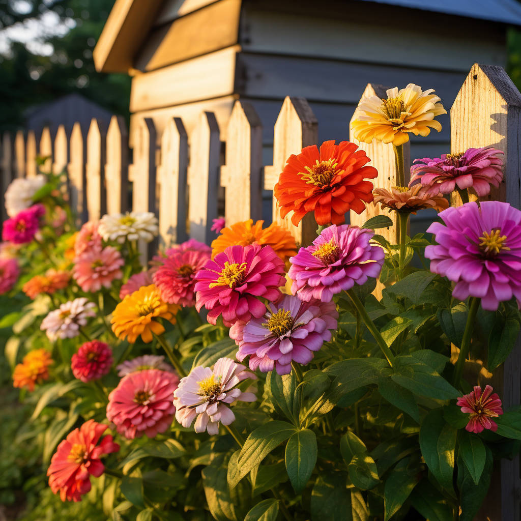 A vibrant display of colorful zinnia flowers blooming in front of a wooden picket fence, bathed in the warm glow of sunset.