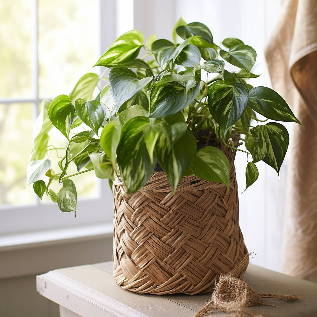 A lush green houseplant with broad leaves, housed in a woven basket, sits on a wooden ledge by a window, bathing in natural light. Pothos. Houseplants for low light conditions