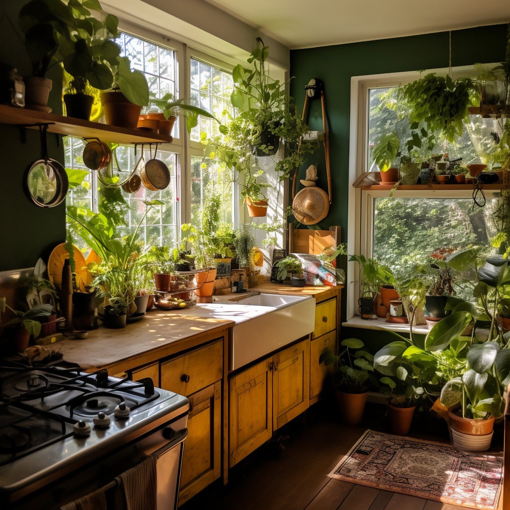 A cozy, sunlit kitchen filled with an abundance of green plants on the windowsill, countertops, and hanging from the ceiling, creating a natural and serene atmosphere.