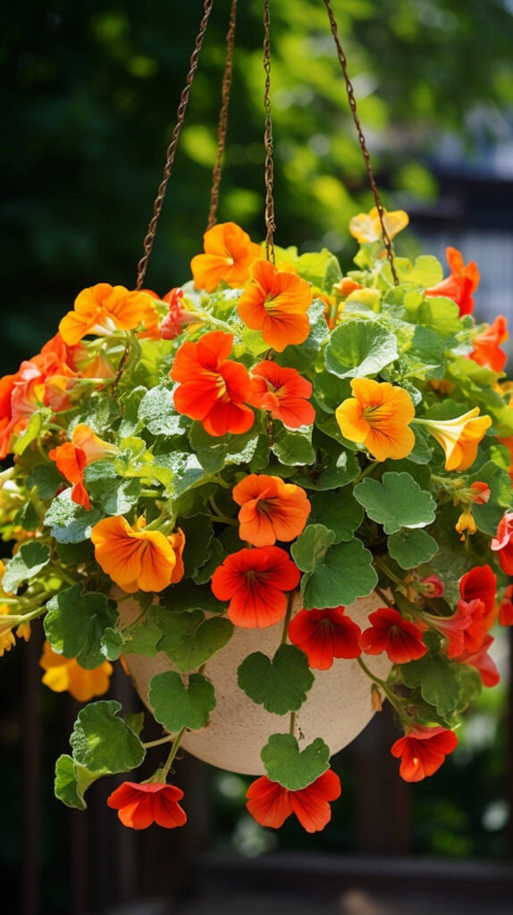 A vibrant hanging basket filled with blooming orange and yellow Nasturtium flowers amidst lush green leaves, illuminated by natural sunlight.