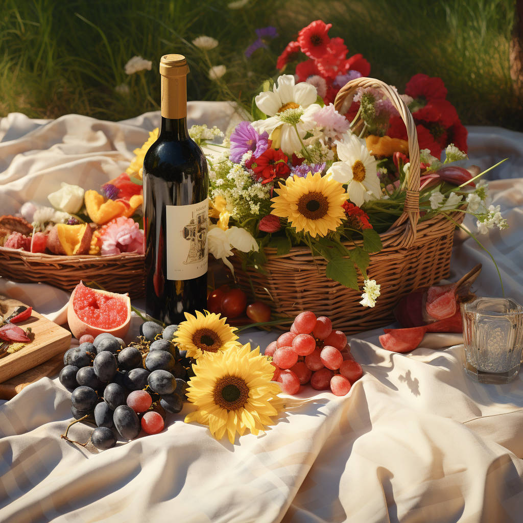 A wine bottle, a basket of flowers, and fruits on a white cloth outdoors. flower lovers