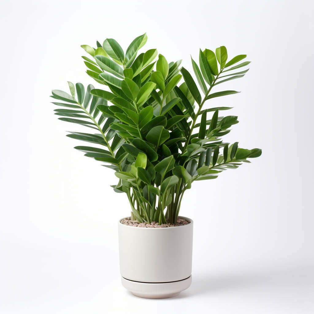 A vibrant green ZZ plant with glossy leaves, potted in a simple, elegant white pot against a clean white background. Houseplants for low light conditions